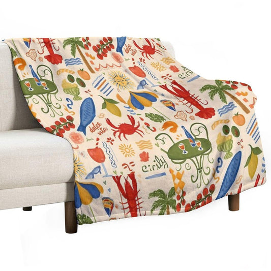 A Dolce Vita – Italian Summer Pattern with Seafood & Sun Throw Blanket