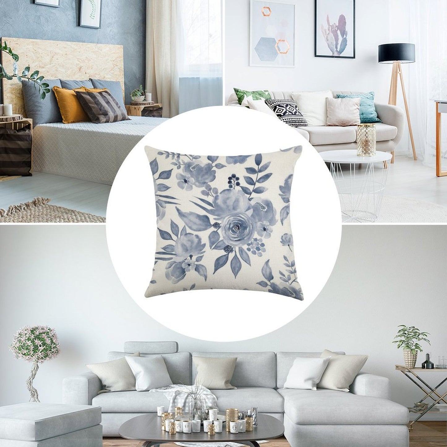 Hamptons Style Floral Design Linen Throw Pillow Cover