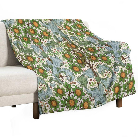 ORANGE TREE WITH BLUE GREEN LEAVES ,FLOWERS Soft Floral Art Nouveau Pattern Throw Blanket