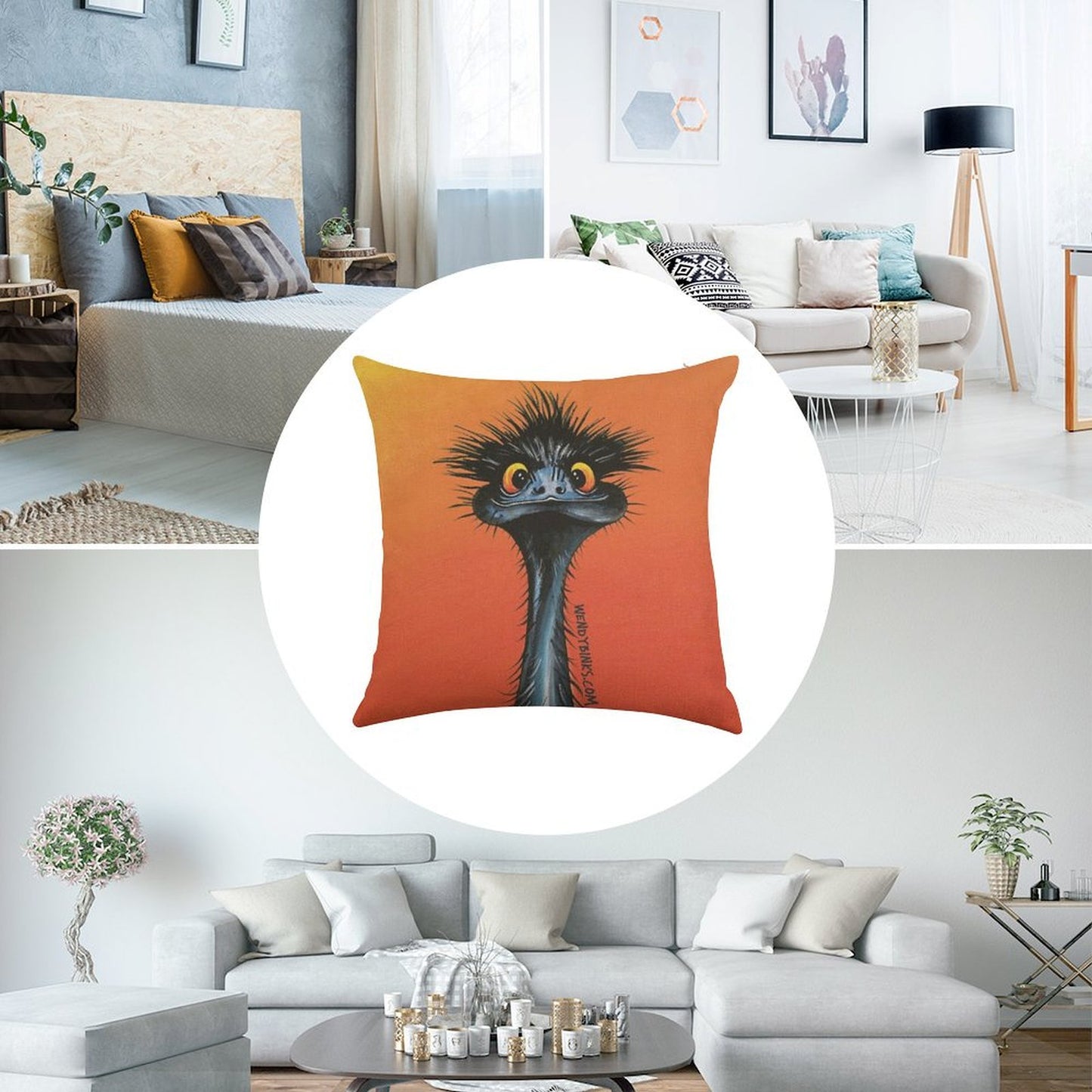 Stunned Emu with Sunset Linen Throw Pillow Cover