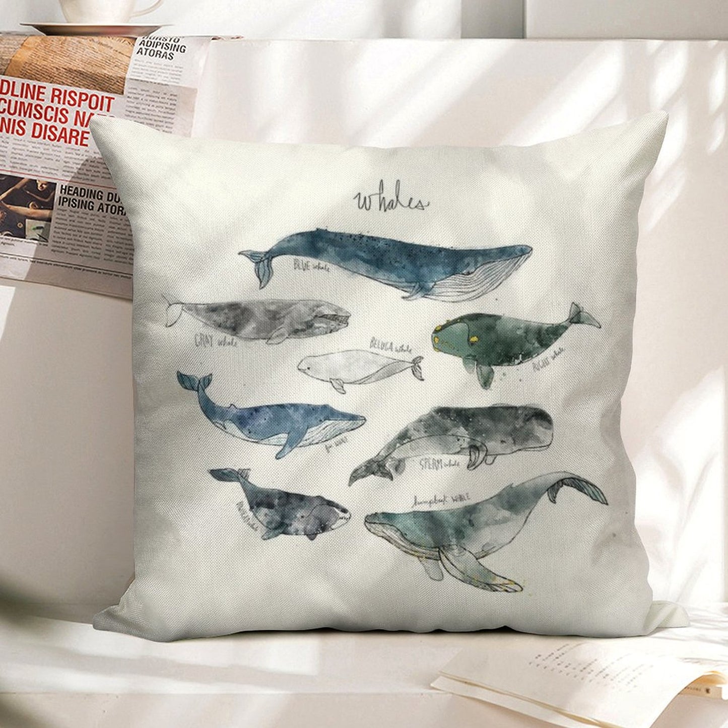 Whales Linen Throw Pillow Cover