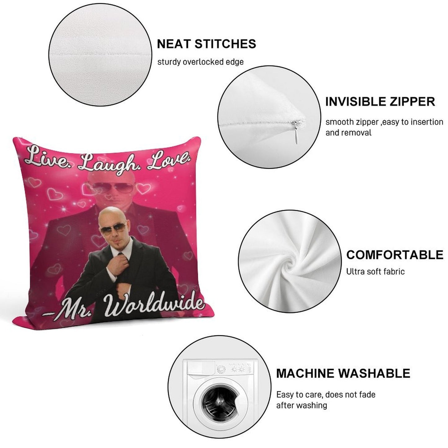 Mr Worldwide Live. Laugh. Love. Soft Reinforced Edging Throw Pillow
