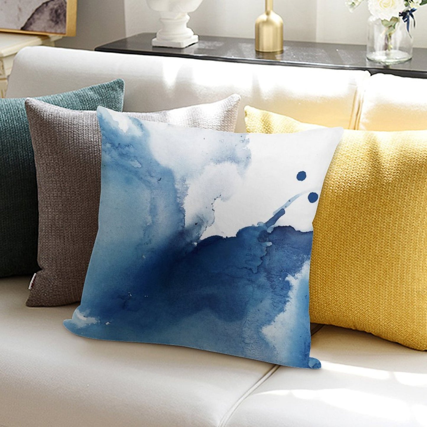 Indigo Blue Sea, Abstract Ink Painting Soft Fade-Resistant Throw Pillow