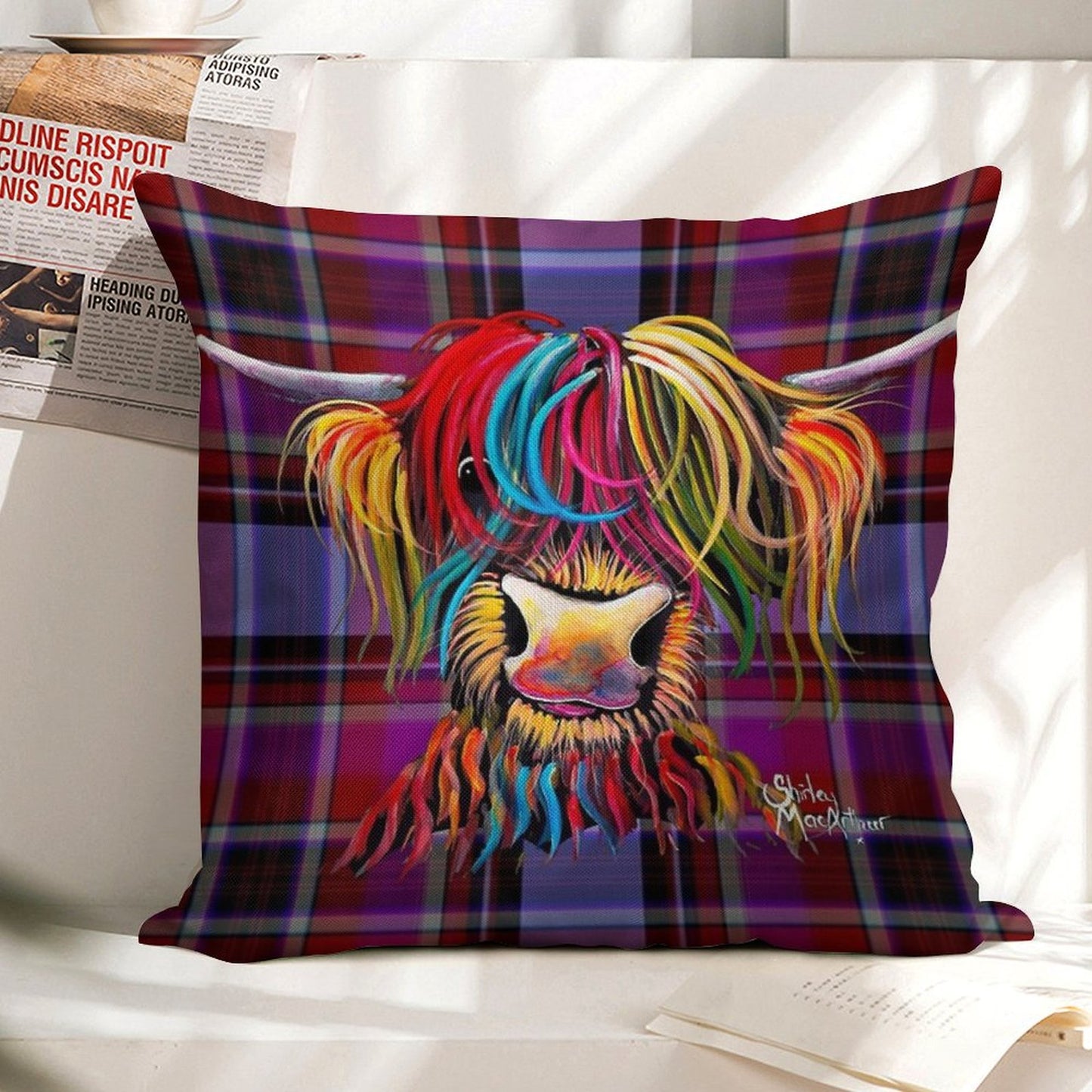 SCoTTiSH HiGHLaND CoW ' TaRTaN NeLLY P ' by SHiRLeY MacARTHuR Linen Throw Pillow Cover