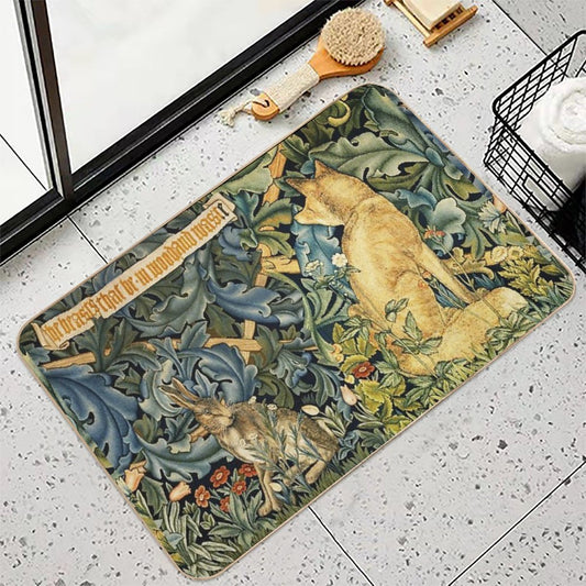 GREENERY, FOREST ANIMALS ,FOX AND HARE Blue Green Floral Bath Mat