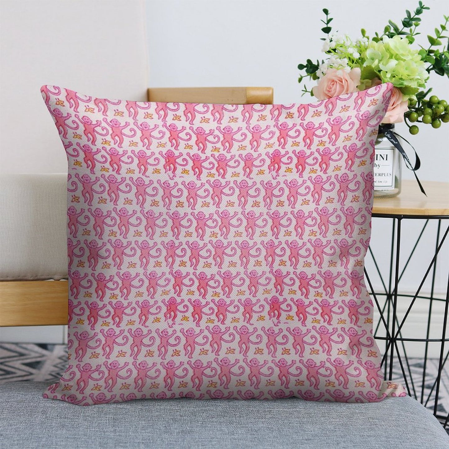 Pink Monkeys Linen Throw Pillow Cover