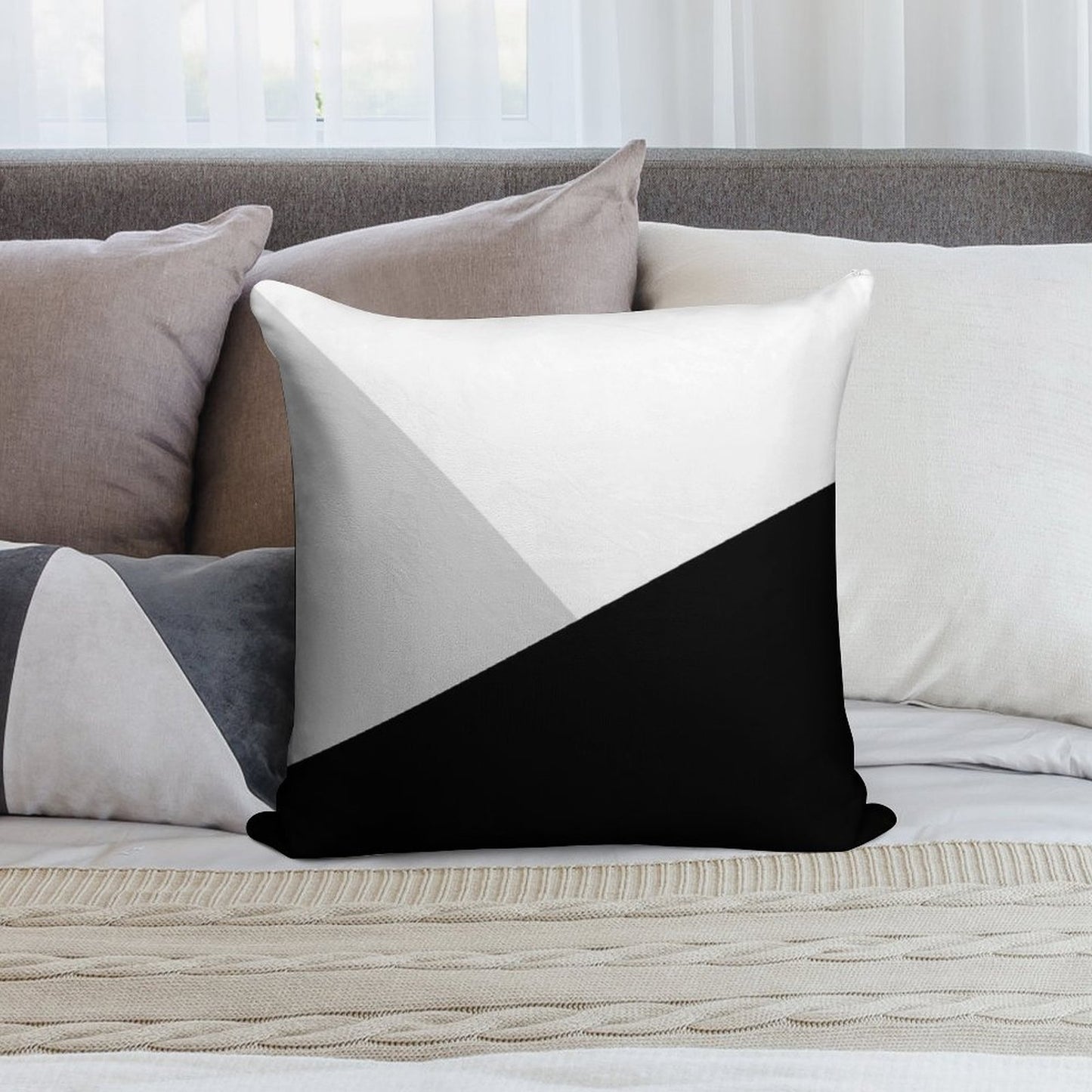 Monochromatic Black White Gray Color Block Soft Fade-Resistant Throw Pillow