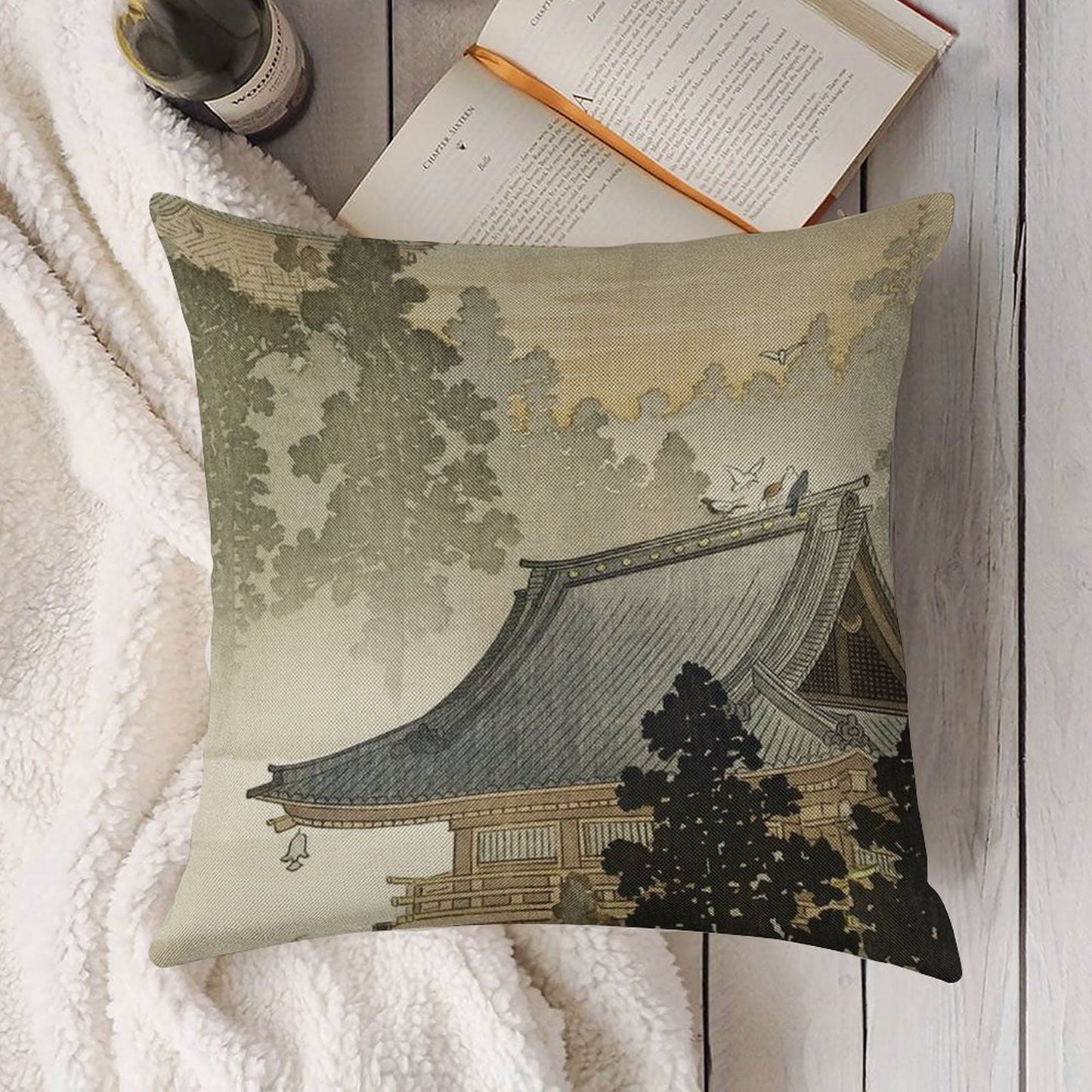 Pagoda - Japanese Art 1900s Linen Throw Pillow Cover