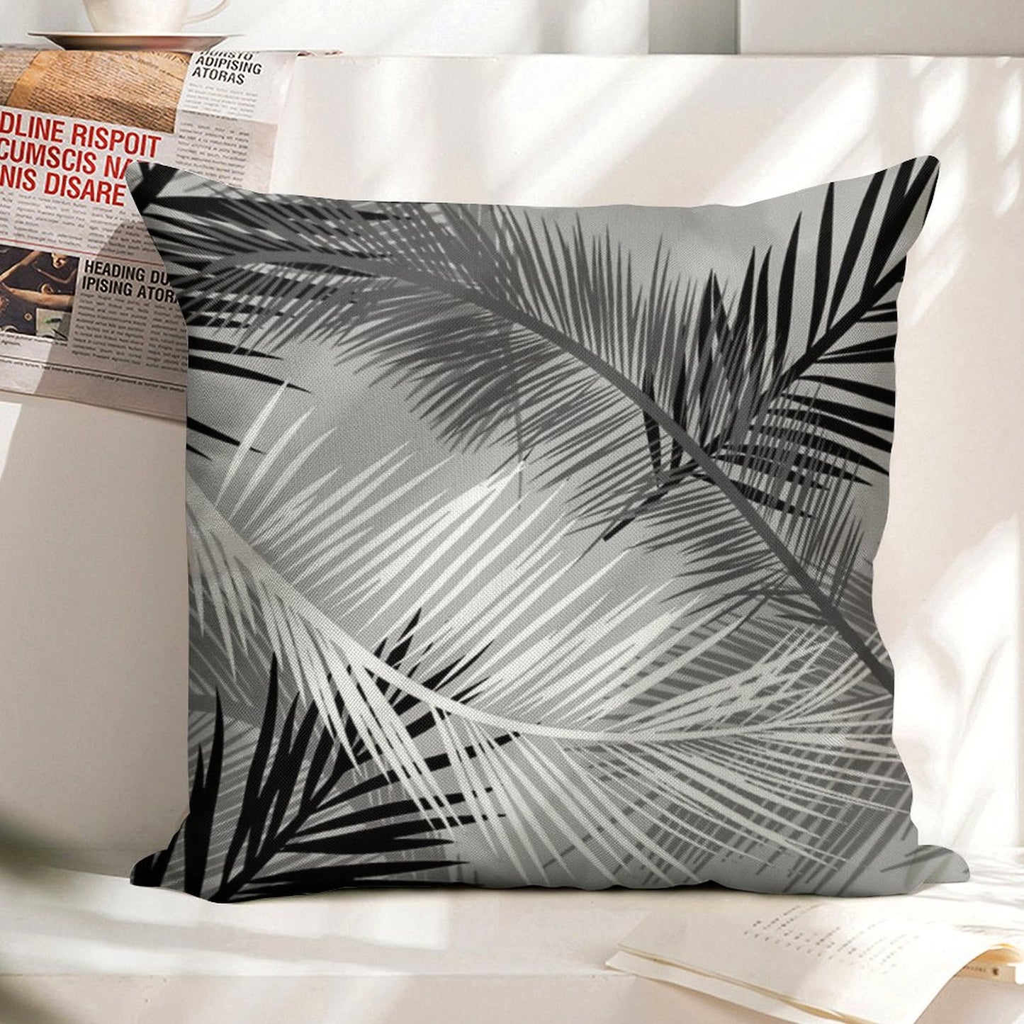 Palm Leaf Print, Gray, Black And White Linen Throw Pillow Cover
