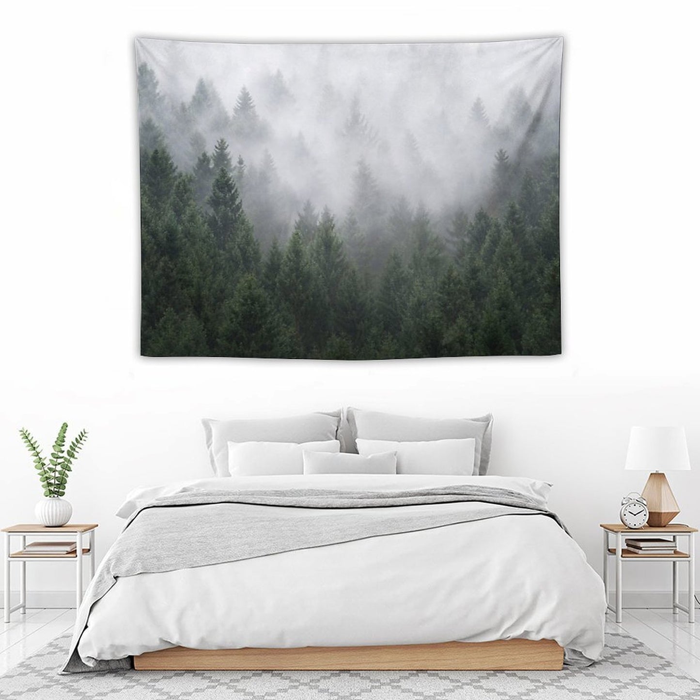 Home Is A Feeling Misty Retro Fall Wilderness Fairytale Evergreen Forest With Trees Covered In Magic Fog Season Tapestry