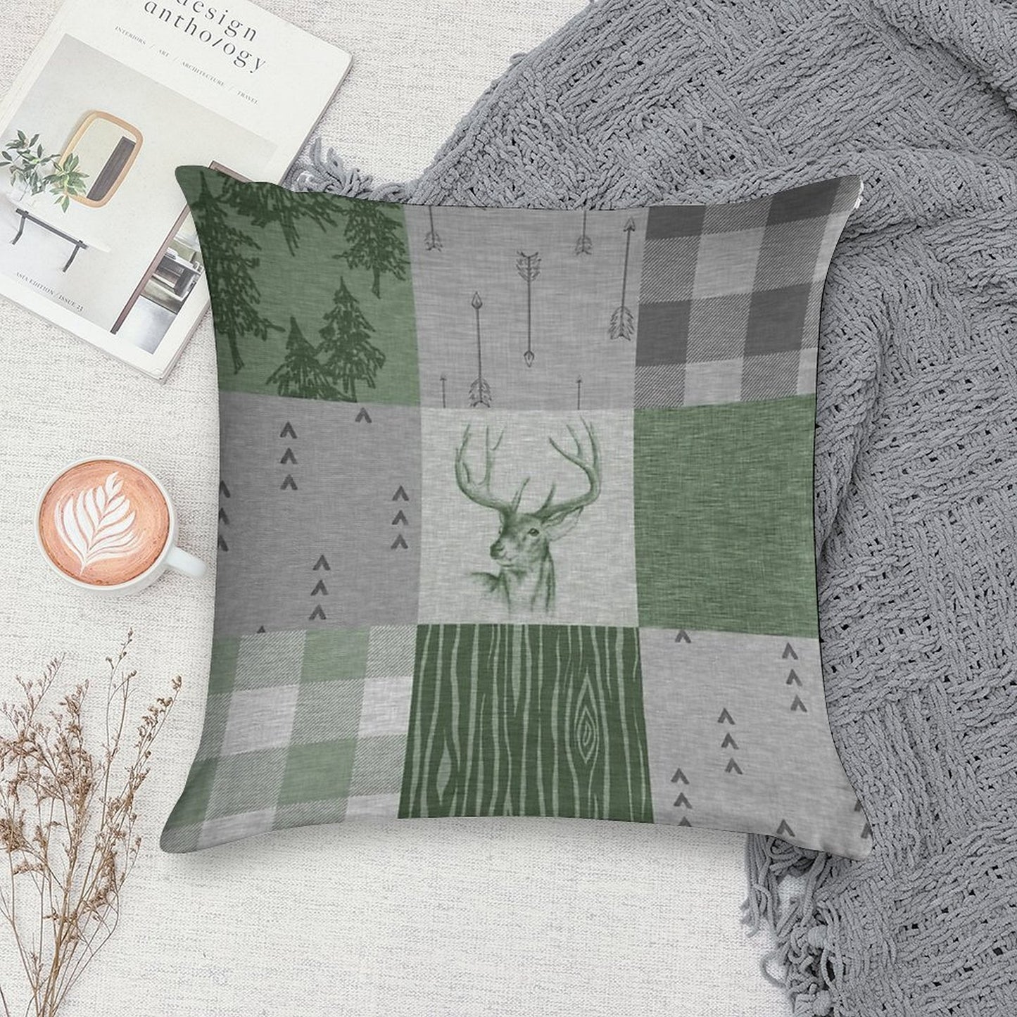 Rustic Deer Patchwork - GreenGrey Soft Fade-Resistant Throw Pillow