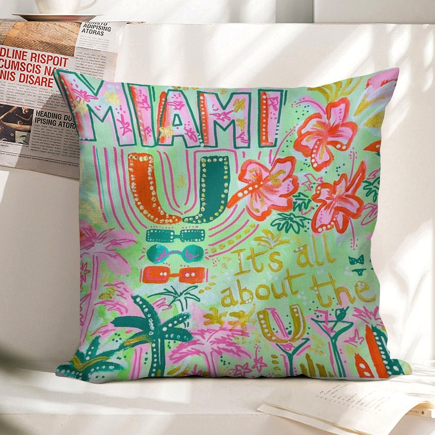 Miami Collage Linen Throw Pillow Cover