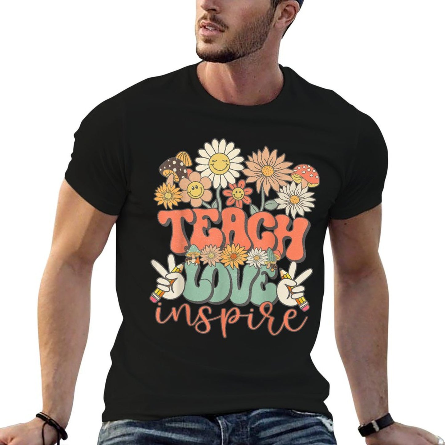 Teach Love Inspire Retro Groovy Daisy Back To School Teacher T-Shirt