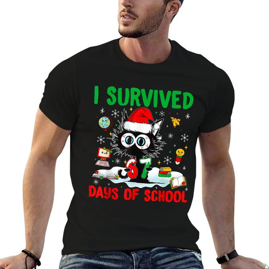 Funny Black Cat Christmas I Survived 67 Days of School High-quality Stitching T-Shirt