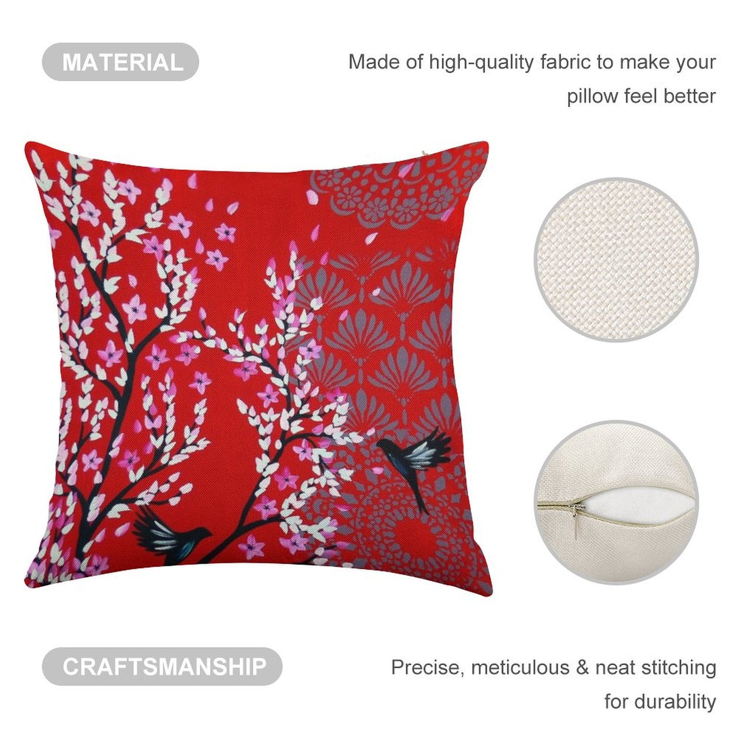 Red Cherry Blossom Linen Throw Pillow Cover