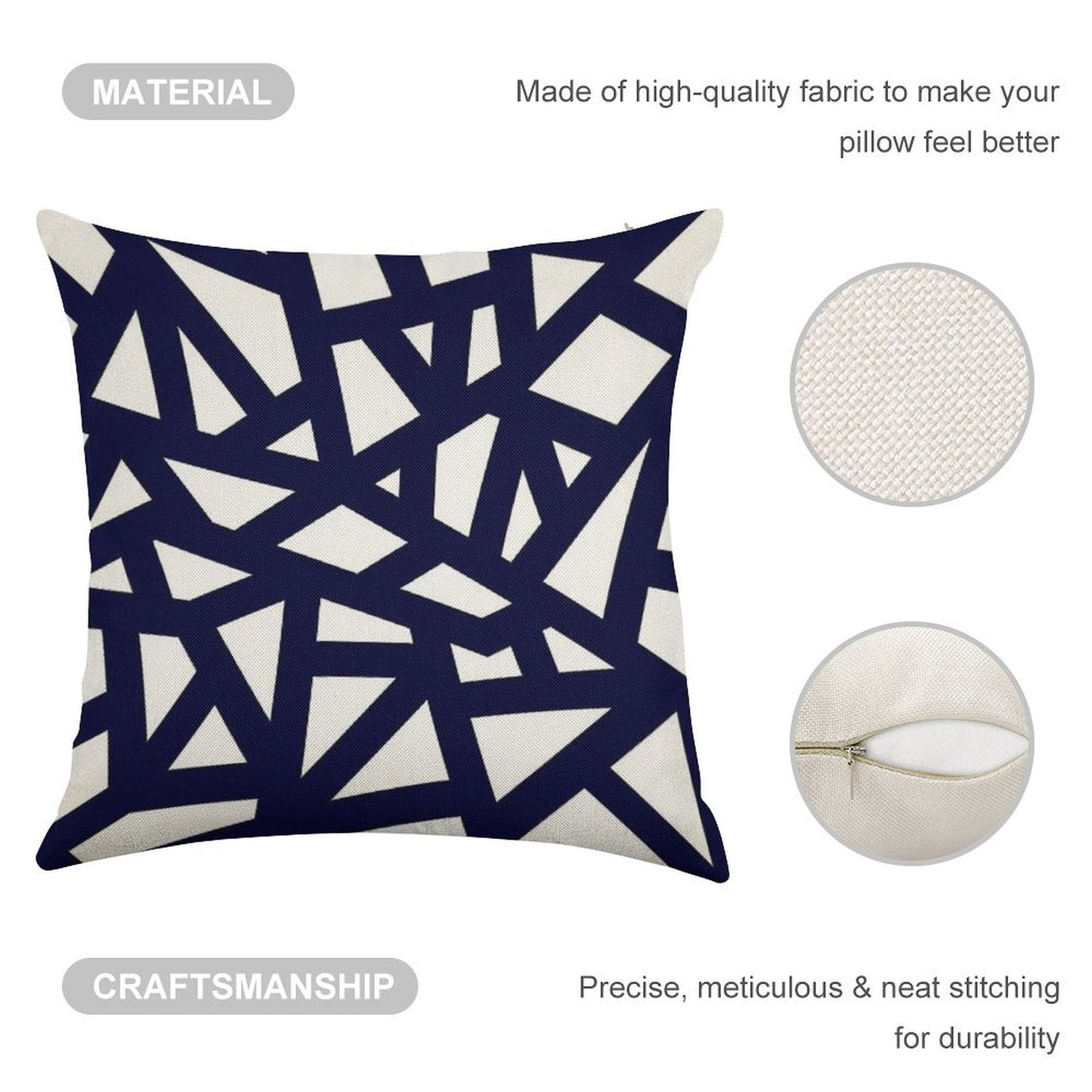 Navy Blue Thick Mosaic Lines On White Linen Throw Pillow Cover