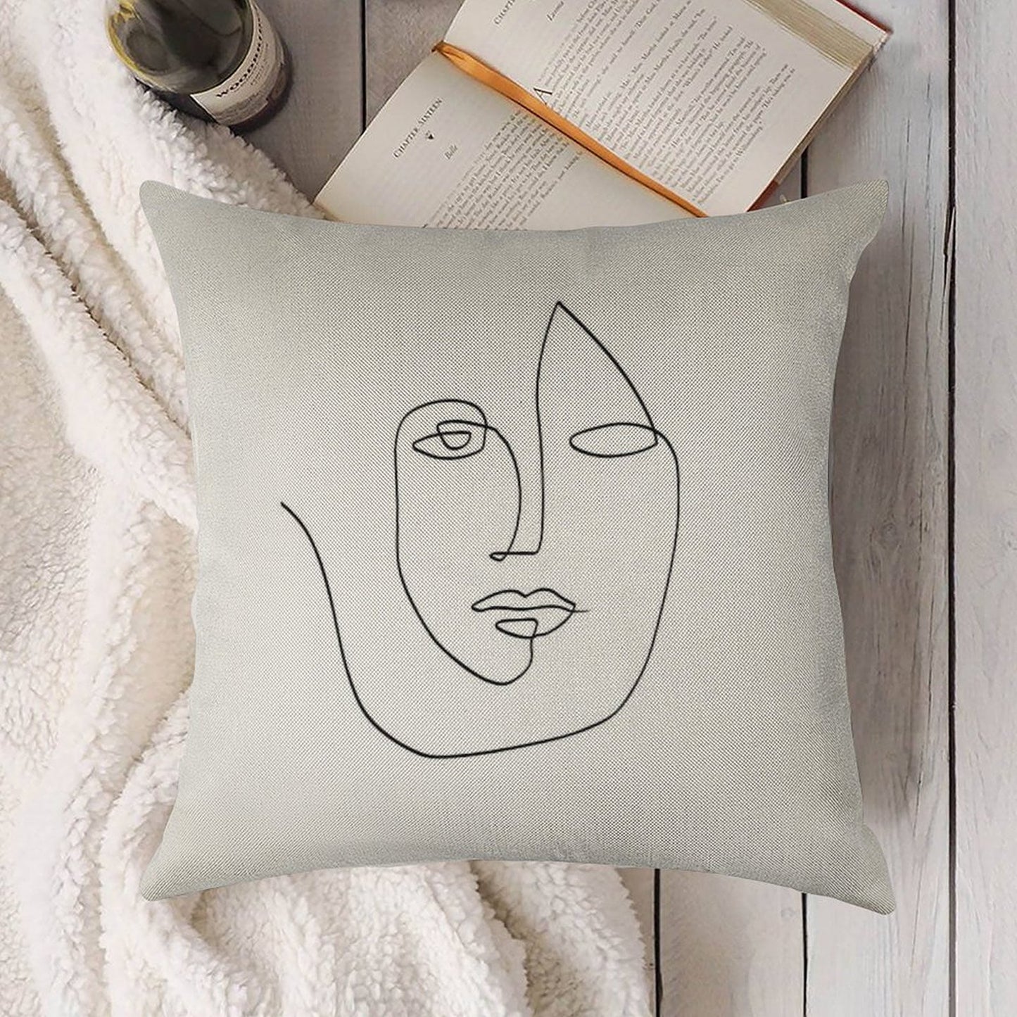 Abstract Face - One Line Art Linen Throw Pillow Cover