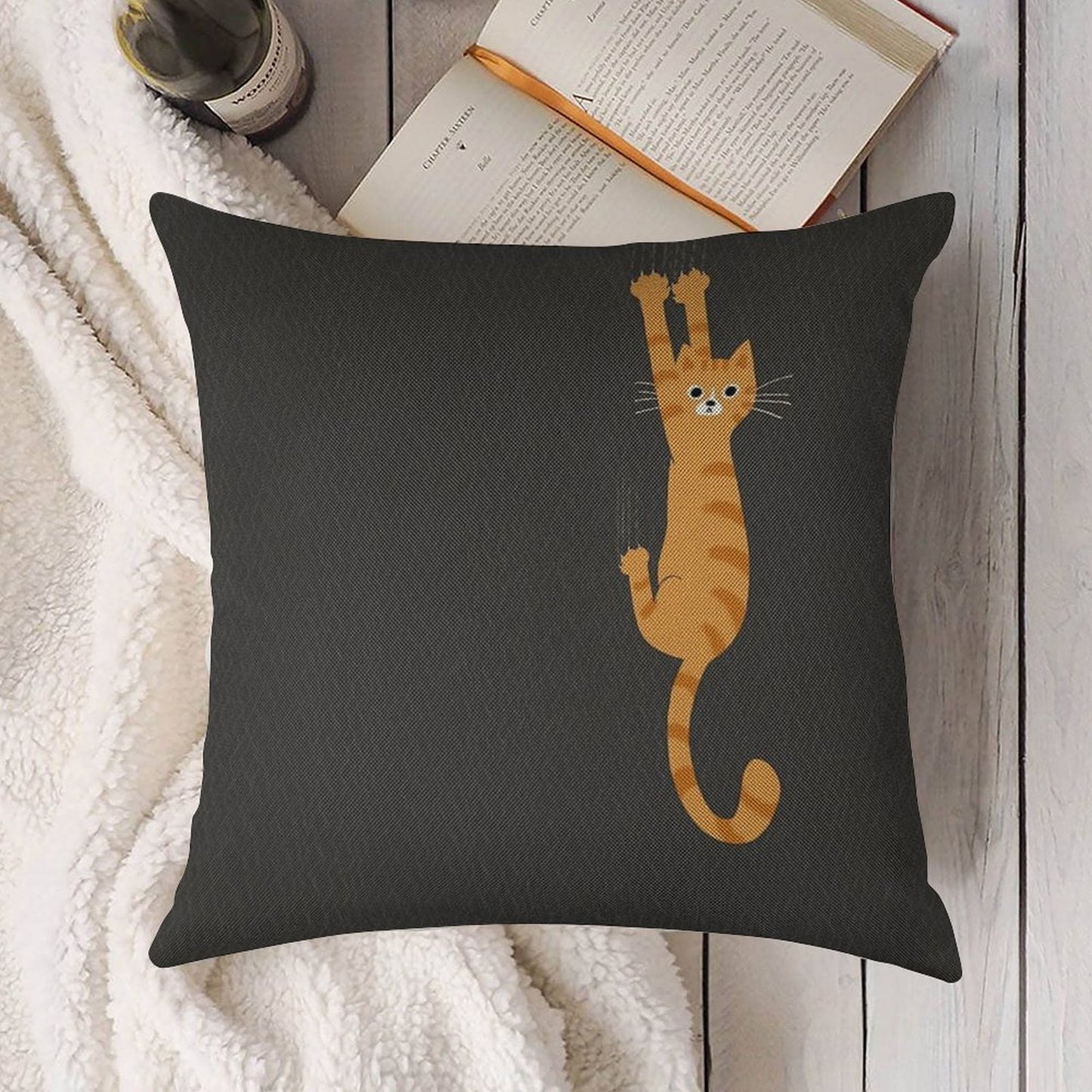 Orange Tabby Cat Hanging On  Funny Striped Cat Linen Throw Pillow Cover