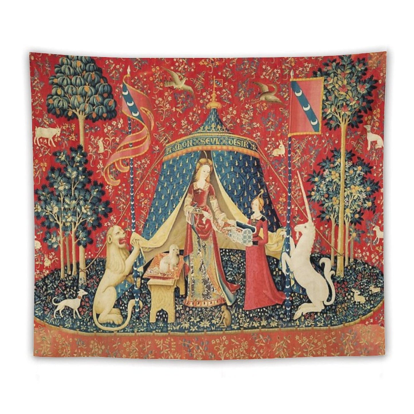 LADY AND THE UNICORN DESIRE ,Lion,Fantasy Flowers,Animals,Red Green Floral Tapestry Tapestry