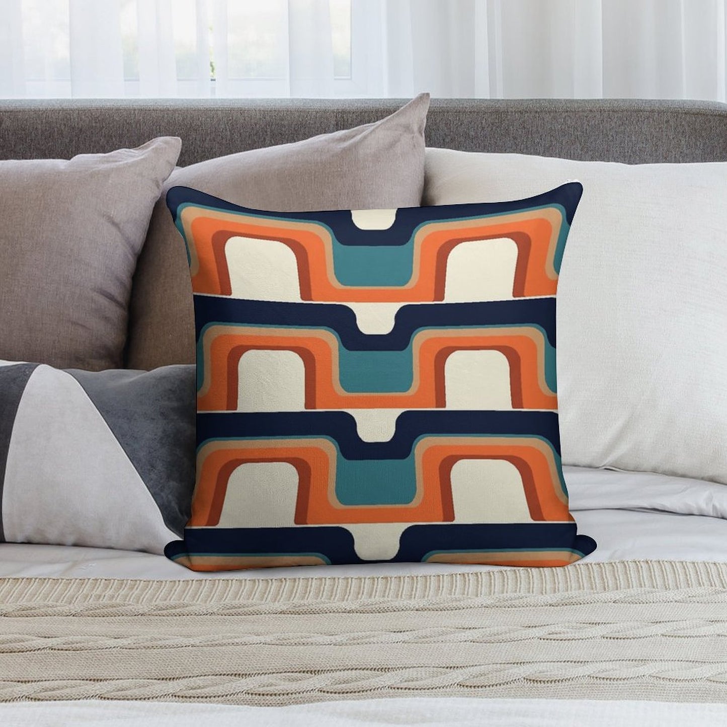 Mid-Century Modern Meets 1970s Orange & Blue Soft Short Plush Fabric Throw Pillow