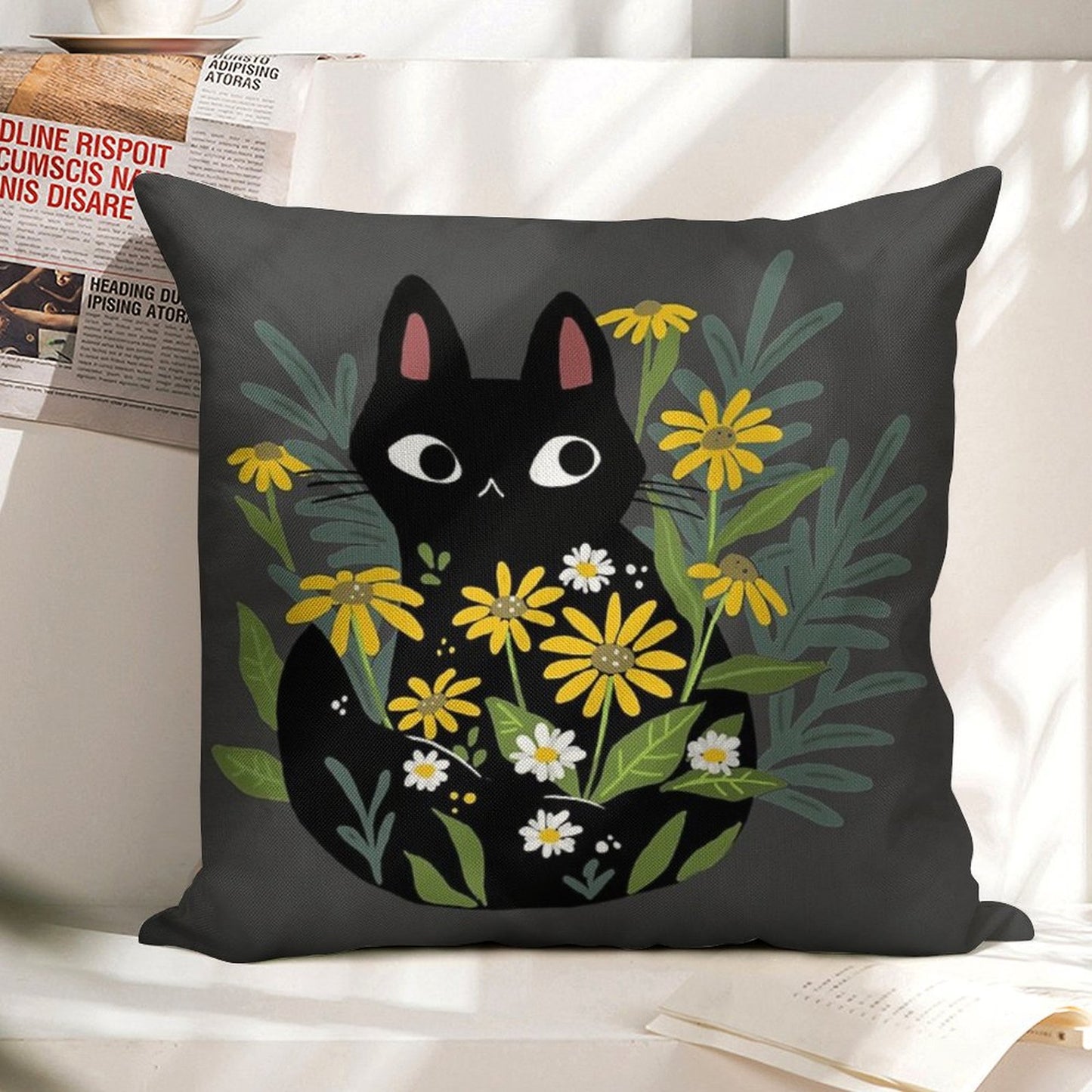 Black Cat with Flowers Linen Throw Pillow Cover