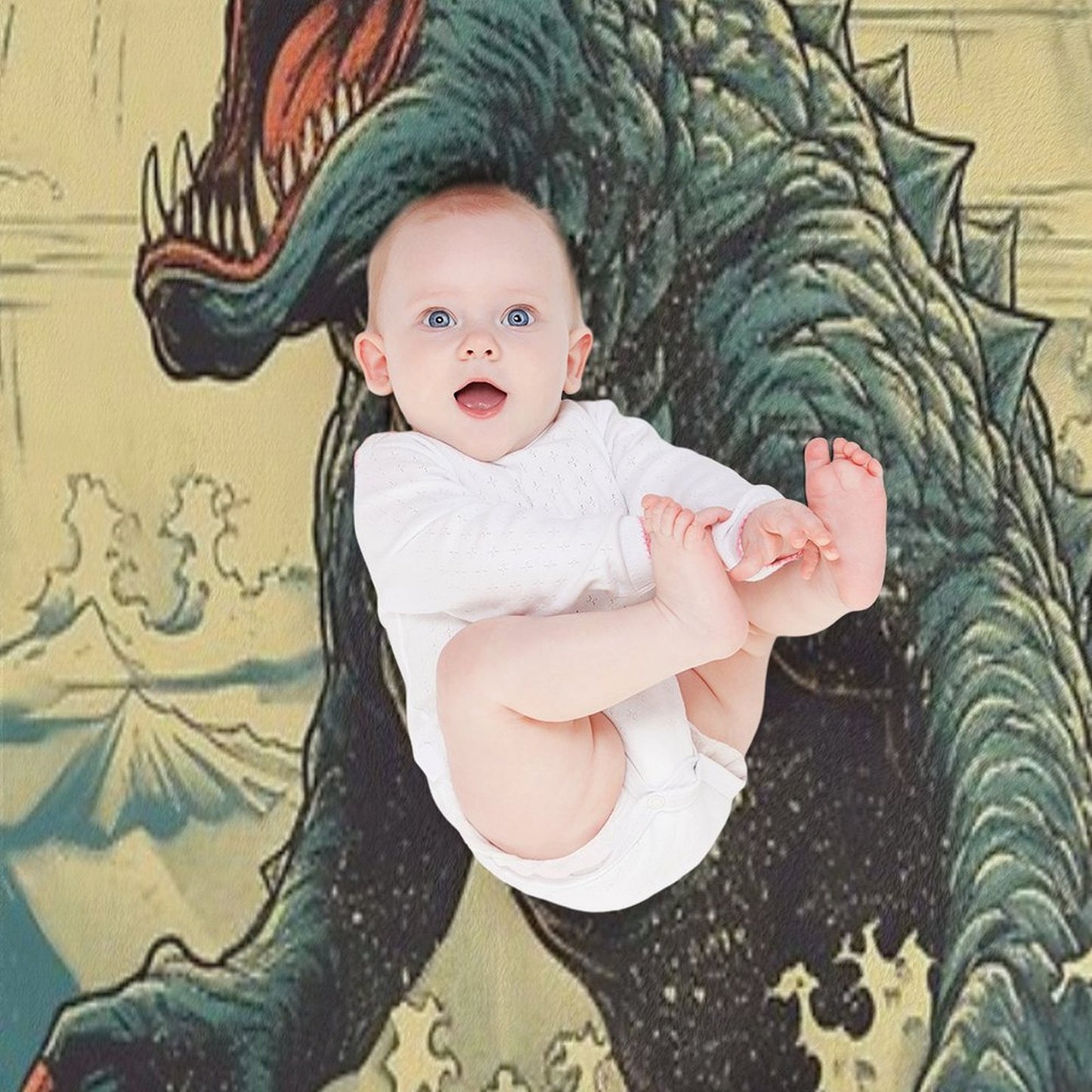 Vintage Japanese Godzilla Great Wave Throw Blanket