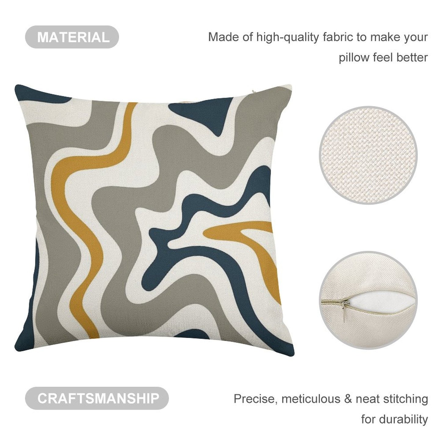 Liquid Swirl Contemporary Abstract in Mustard Yellow, Navy Blue, Grey, And White Linen Throw Pillow Cover
