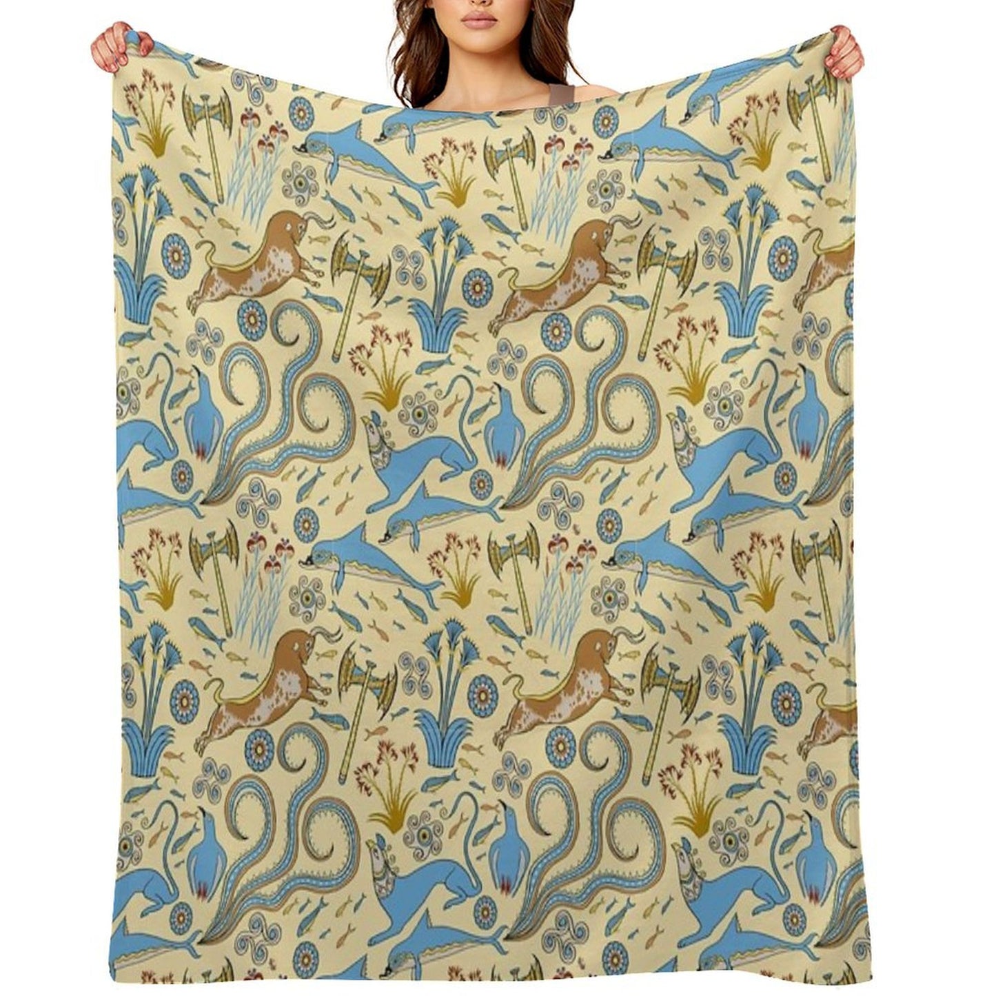 Minoan Fresco Motifs Pattern Throw Blanket