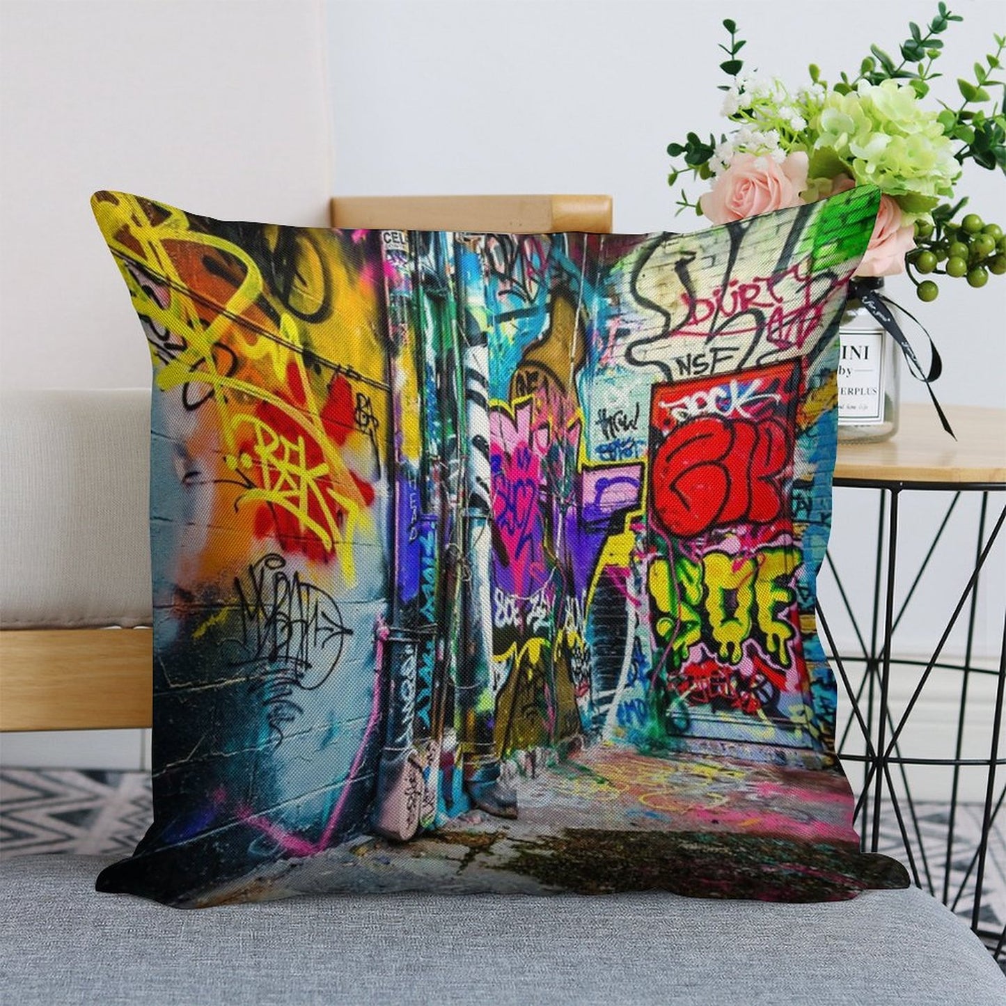 Street Art Linen Throw Pillow Cover