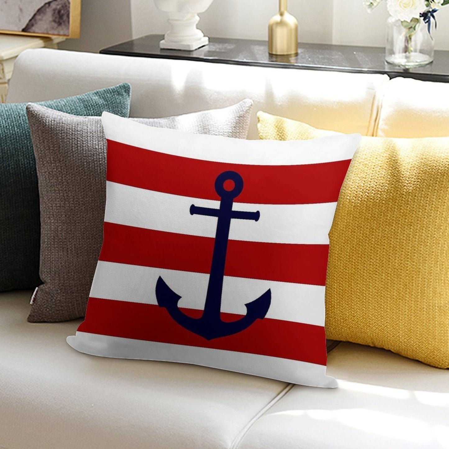Nautical Navy Blue Anchor On Red Stripes Soft Decorative Cover Throw Pillow