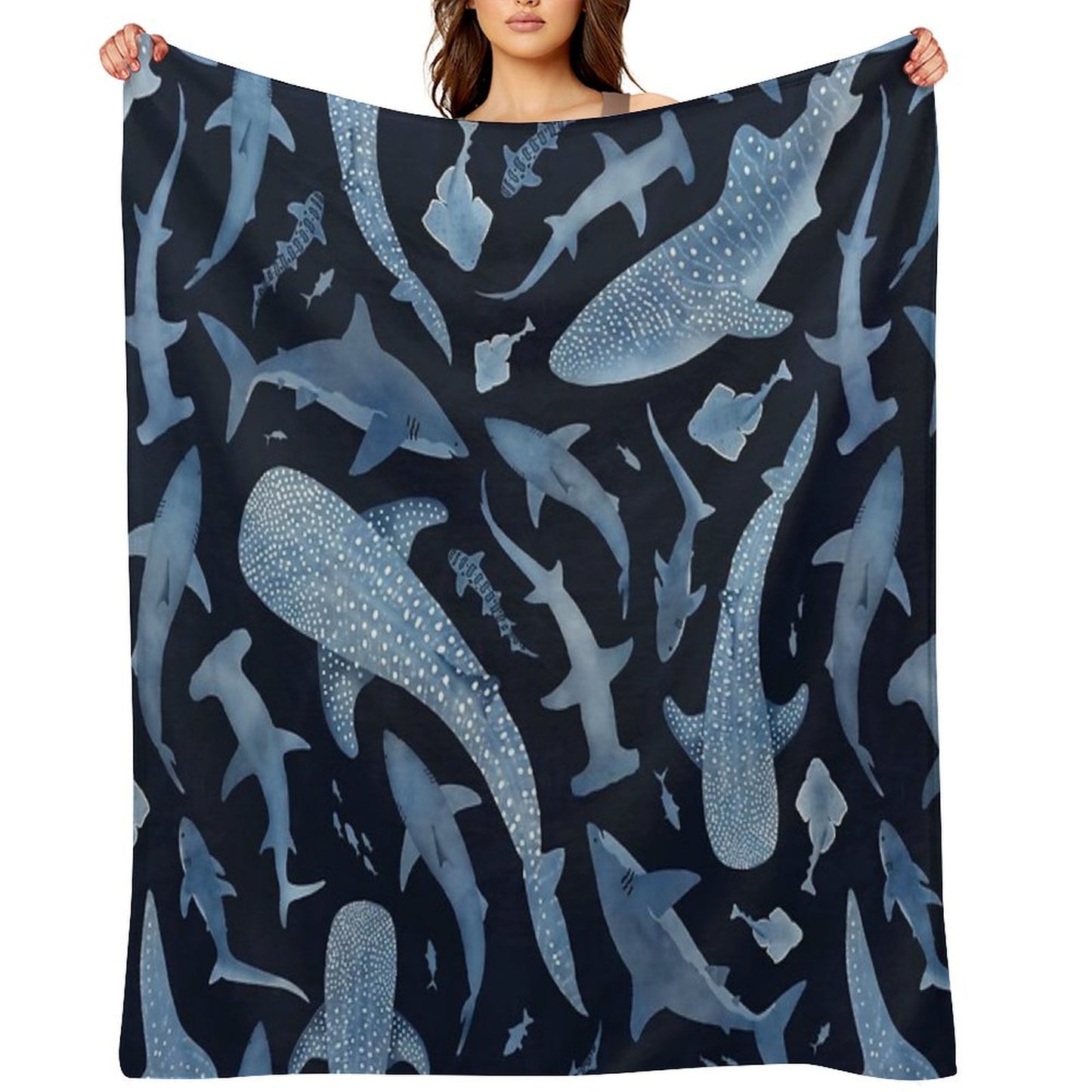 Monochrome Blue Watercolour Shark Ocean on Black Throw Blanket