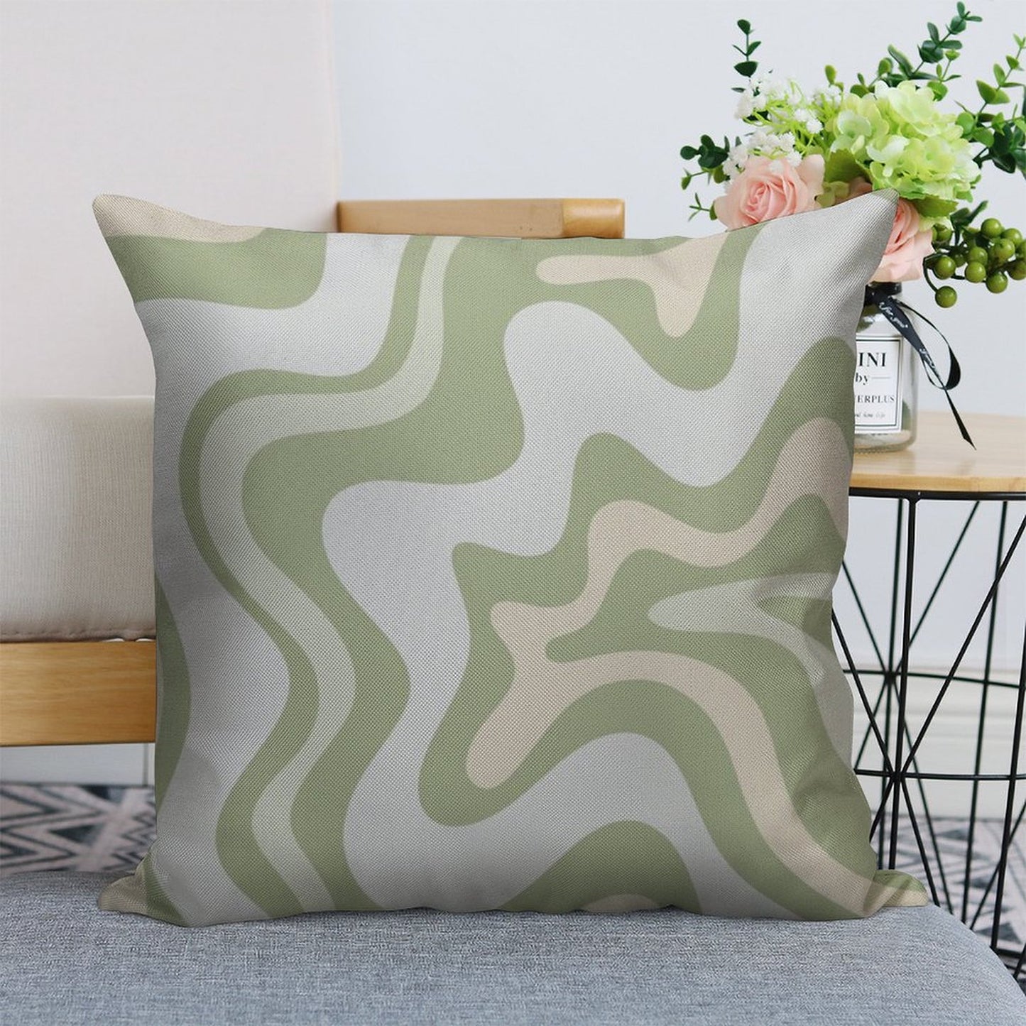 Liquid Swirl Contemporary Abstract in Light Sage Green Grey Almond Linen Throw Pillow Cover