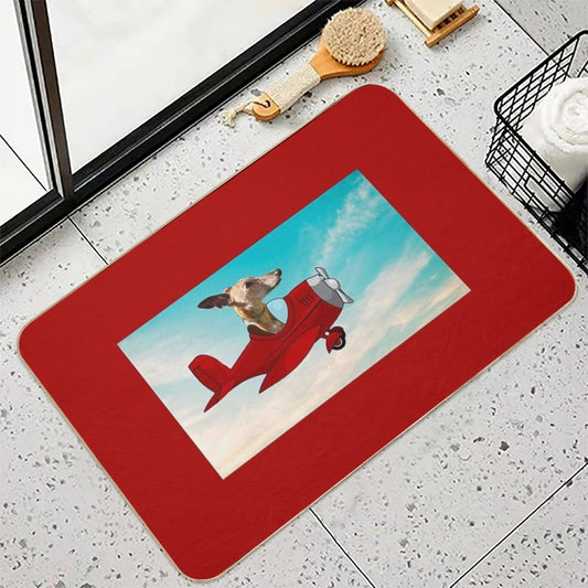 Red Background Flying Whippet Bath Mat