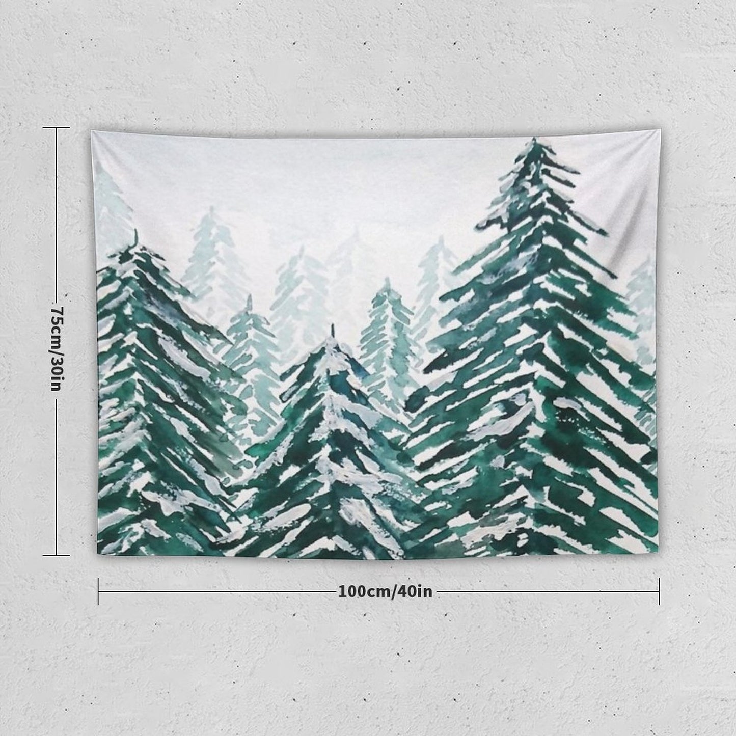 Hand Painted Snowy Pine Forest Green Tapestry