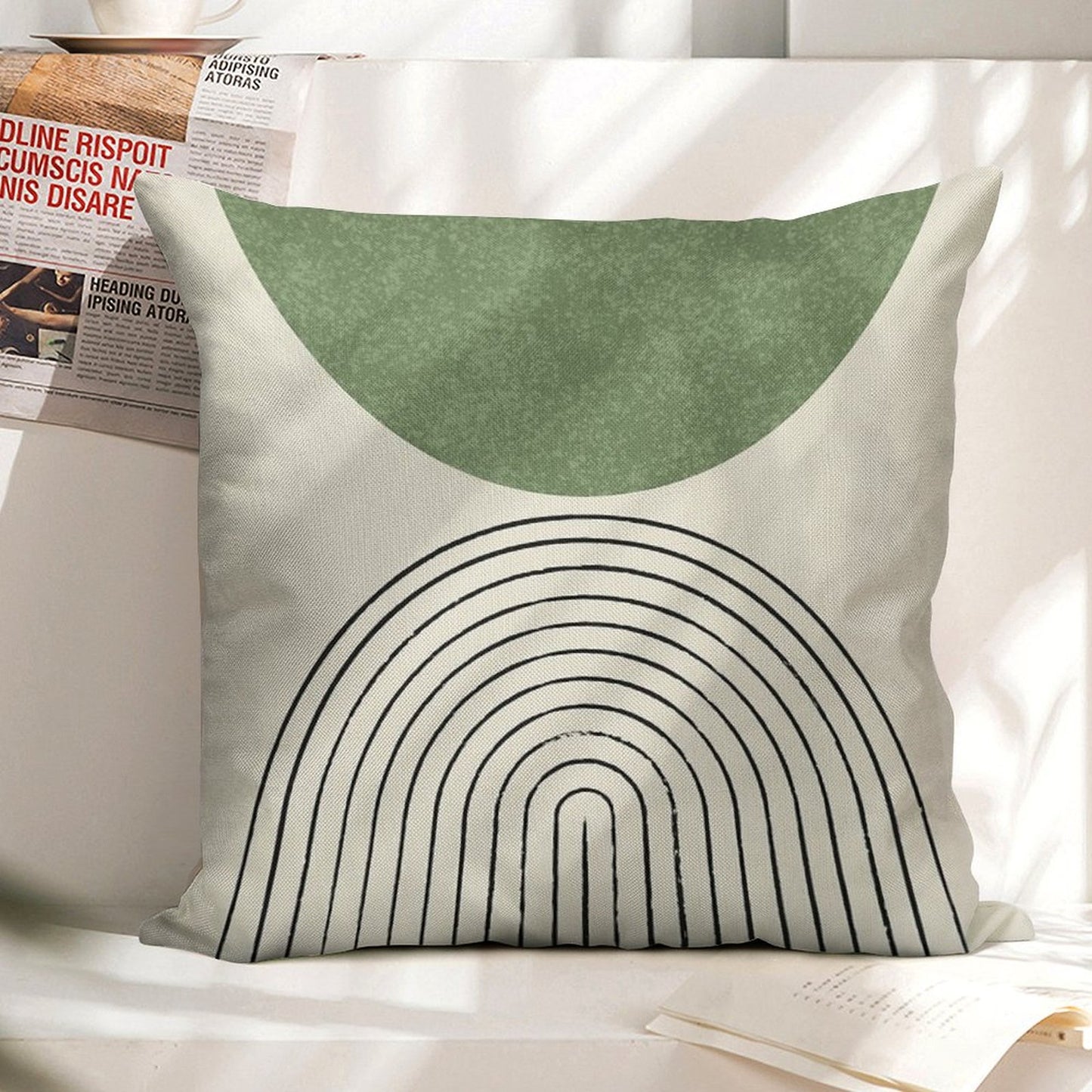Arch Balance Green - Mid Century Modern Linen Throw Pillow Cover
