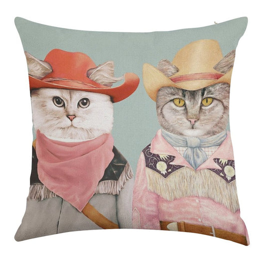 Cowboy Cats Linen Throw Pillow Cover
