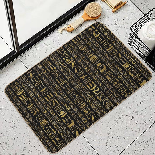 Egyptian Hieroglyphs Vintage Gld on Black Bath Mat