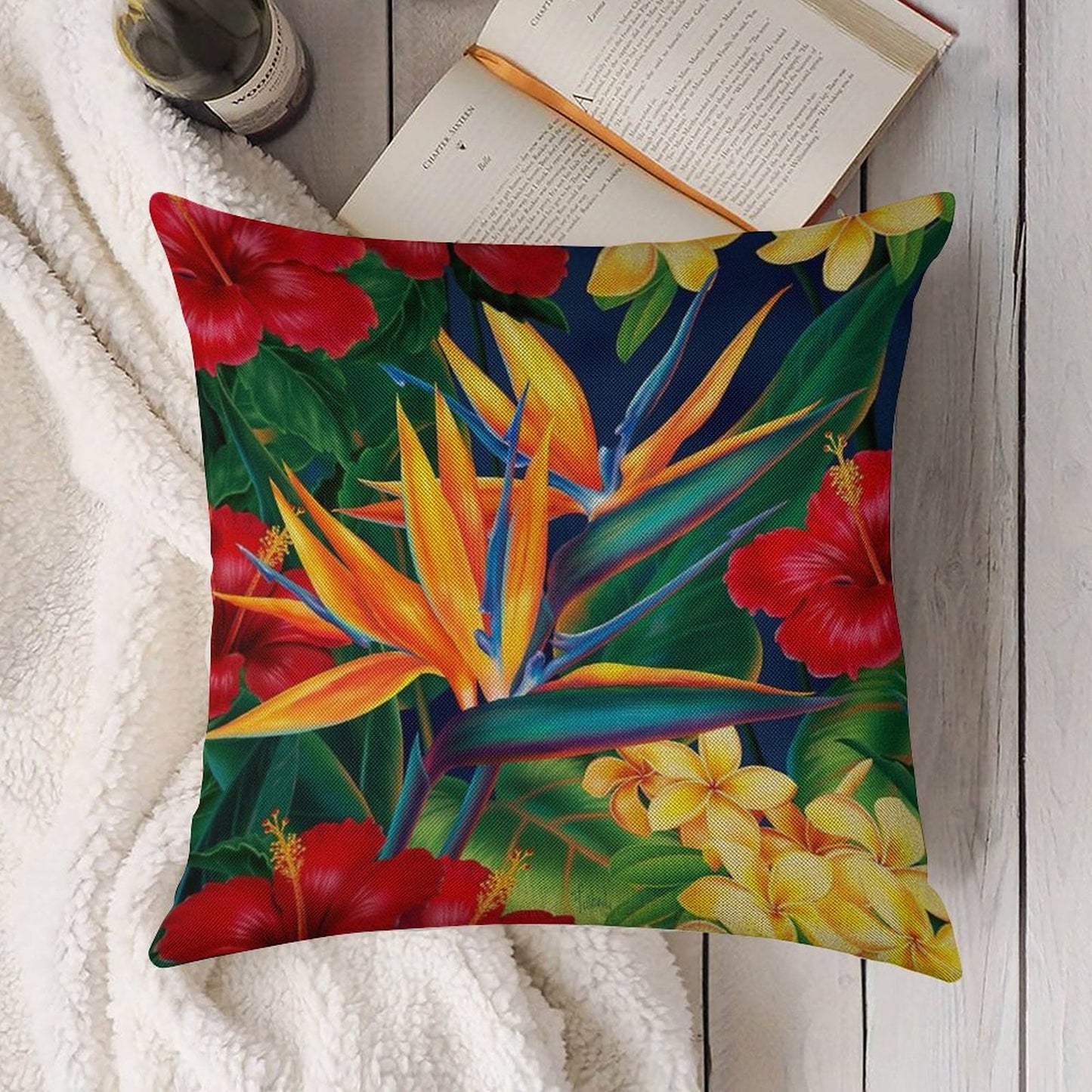 Tropical Paradise Hawaiian Birds of Paradise Illustration Linen Throw Pillow Cover