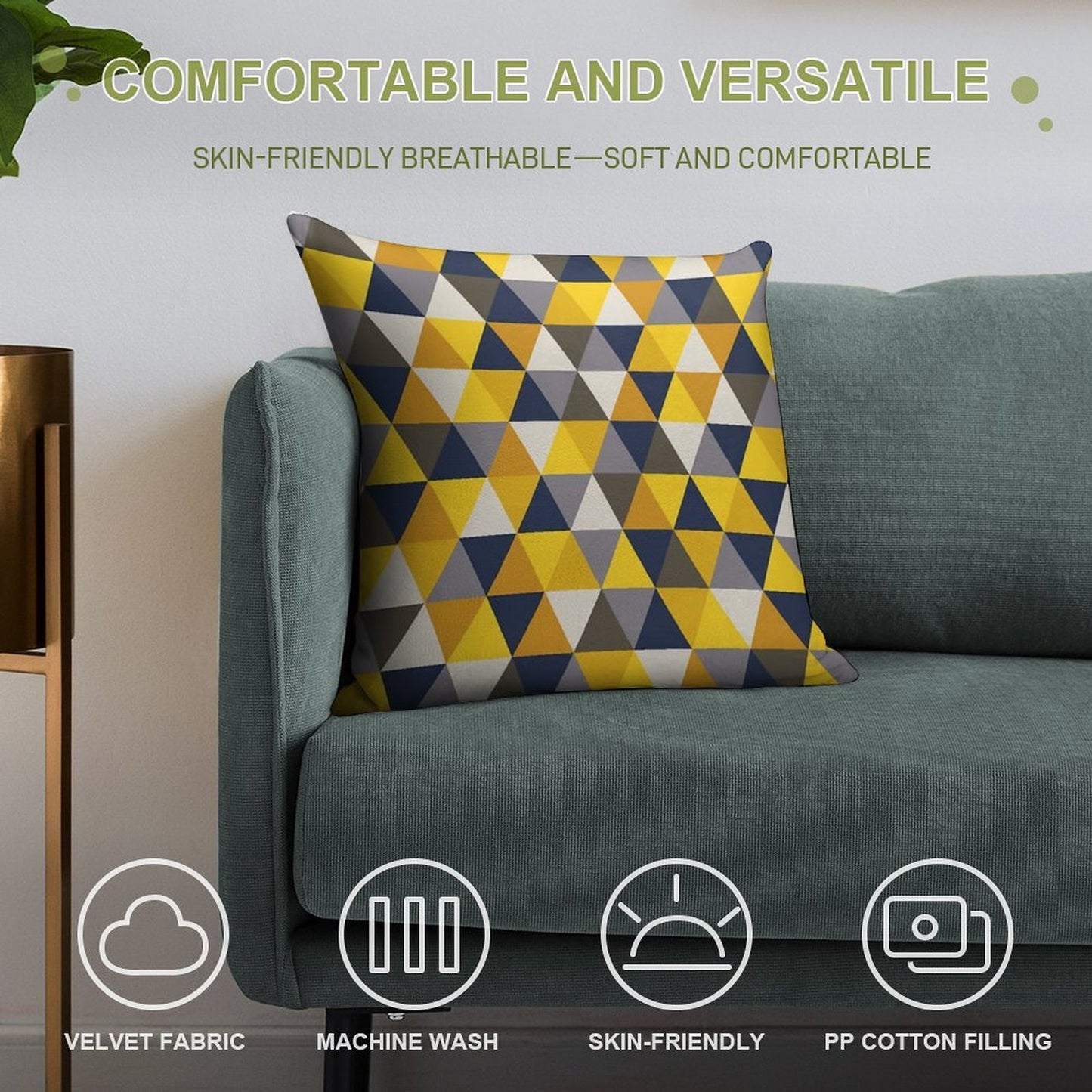 Grey, Blue And Mustard Yellow Geometric Soft Short Plush Fabric Throw Pillow