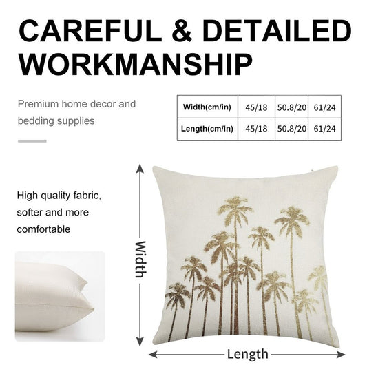Glamorous Gold Tropical Palm Trees on White Linen Throw Pillow Cover