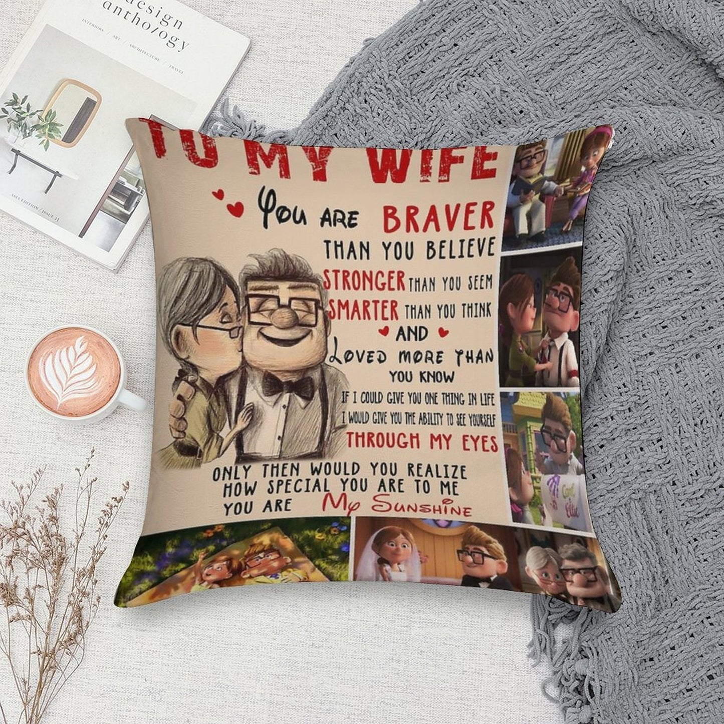 Carl & Ellie To My Wife You're Braver Than You Believe Quilt Blanket Fleece Blanket To My Wife Blanket Warmer Gift Gift For Her Soft Easy Maintenance Throw Pillow