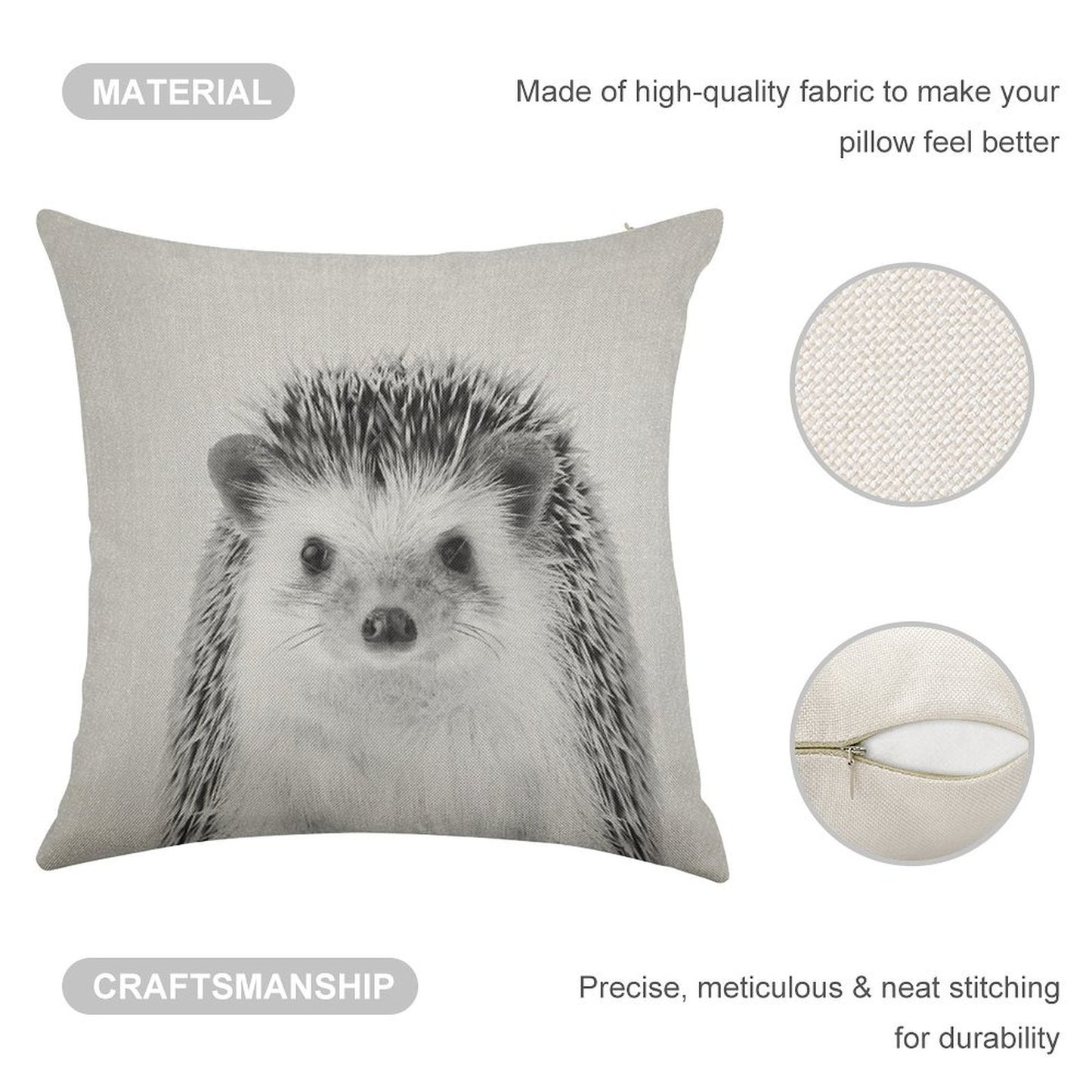 Hedgehog - Black & White Linen Throw Pillow Cover