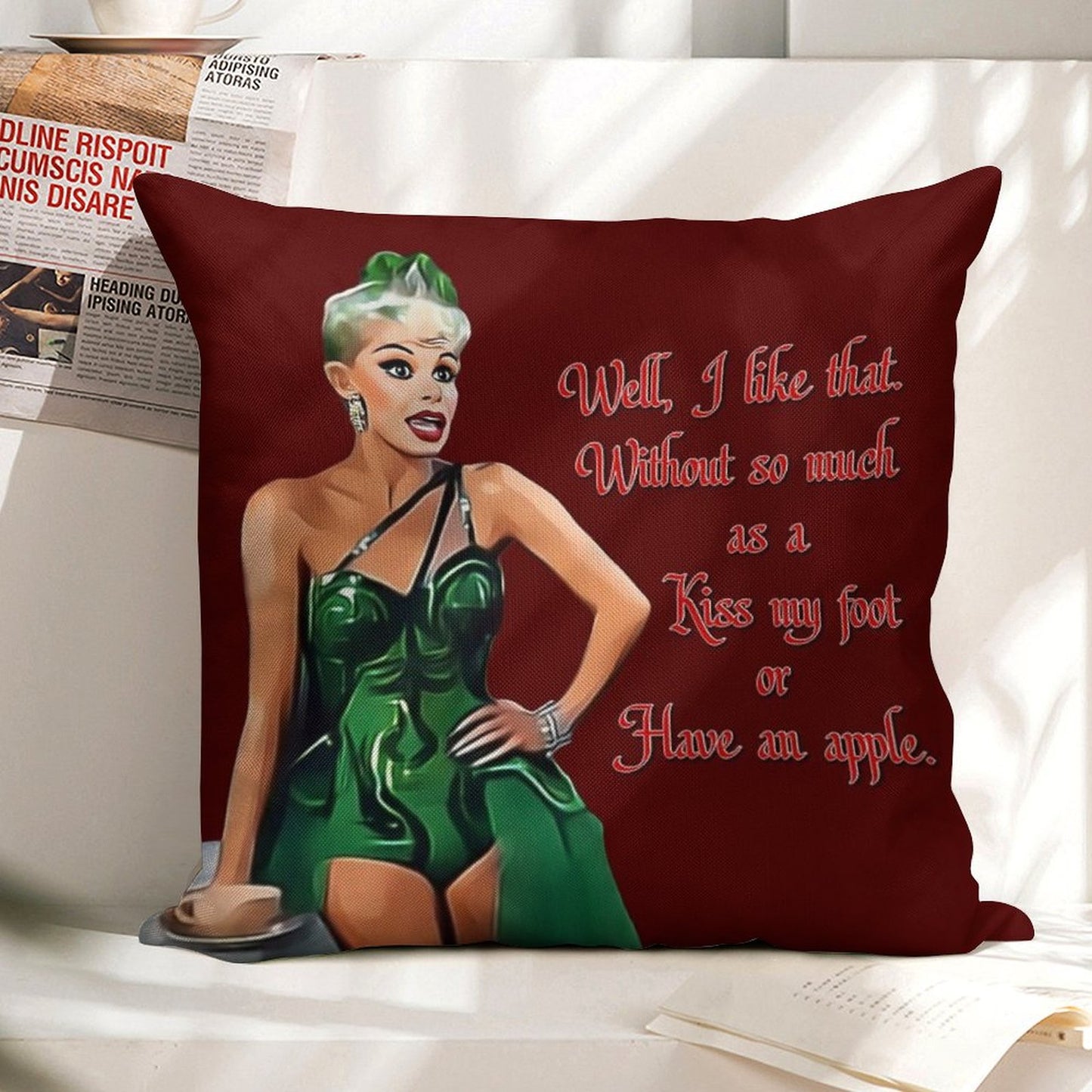 White Christmas - Kiss My Foot Or Have An Apple - Red Linen Throw Pillow Cover