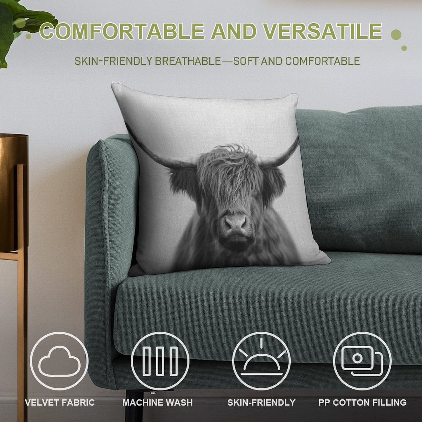 Highland Cow - Black & White Soft Ultra-Soft Texture Throw Pillow