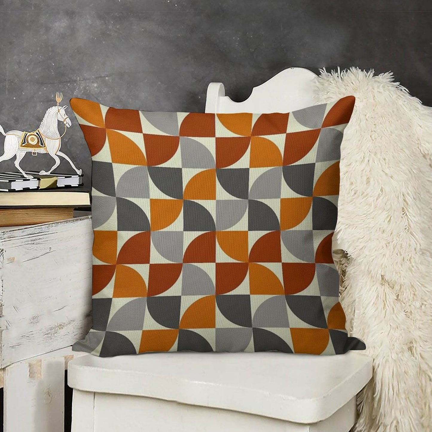 Grey And Orange Mid Century Modern Linen Throw Pillow Cover
