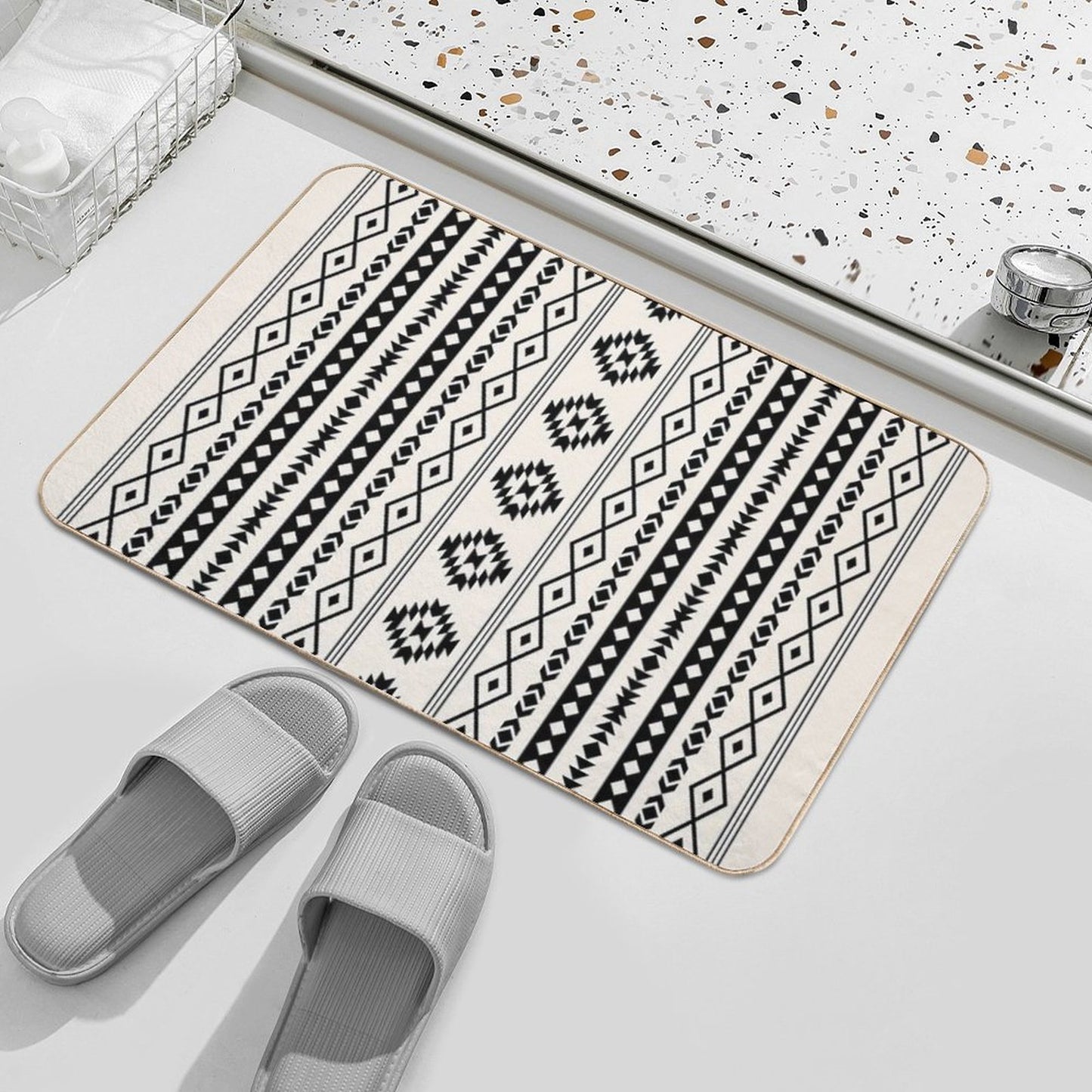 Aztec Black on Cream Mixed Motifs Pattern Bath Mat