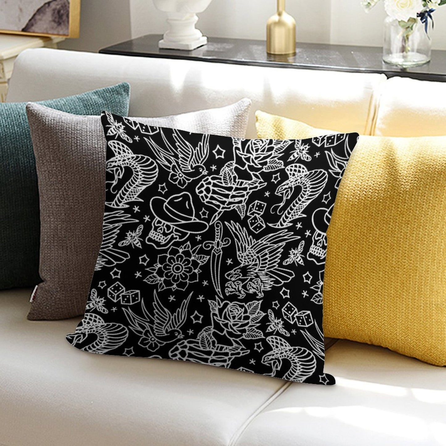 American Traditional Tattoo Flash Print Soft Reinforced Edging Throw Pillow