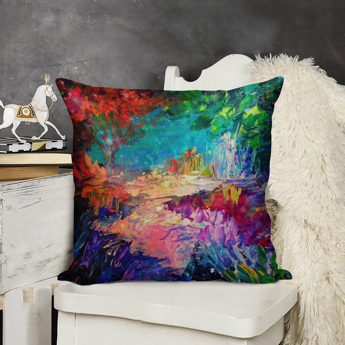WELCOME TO UTOPIA Bold Rainbow Multicolor Abstract Painting Forest Nature Whimsical Fantasy Fine Art Linen Throw Pillow Cover