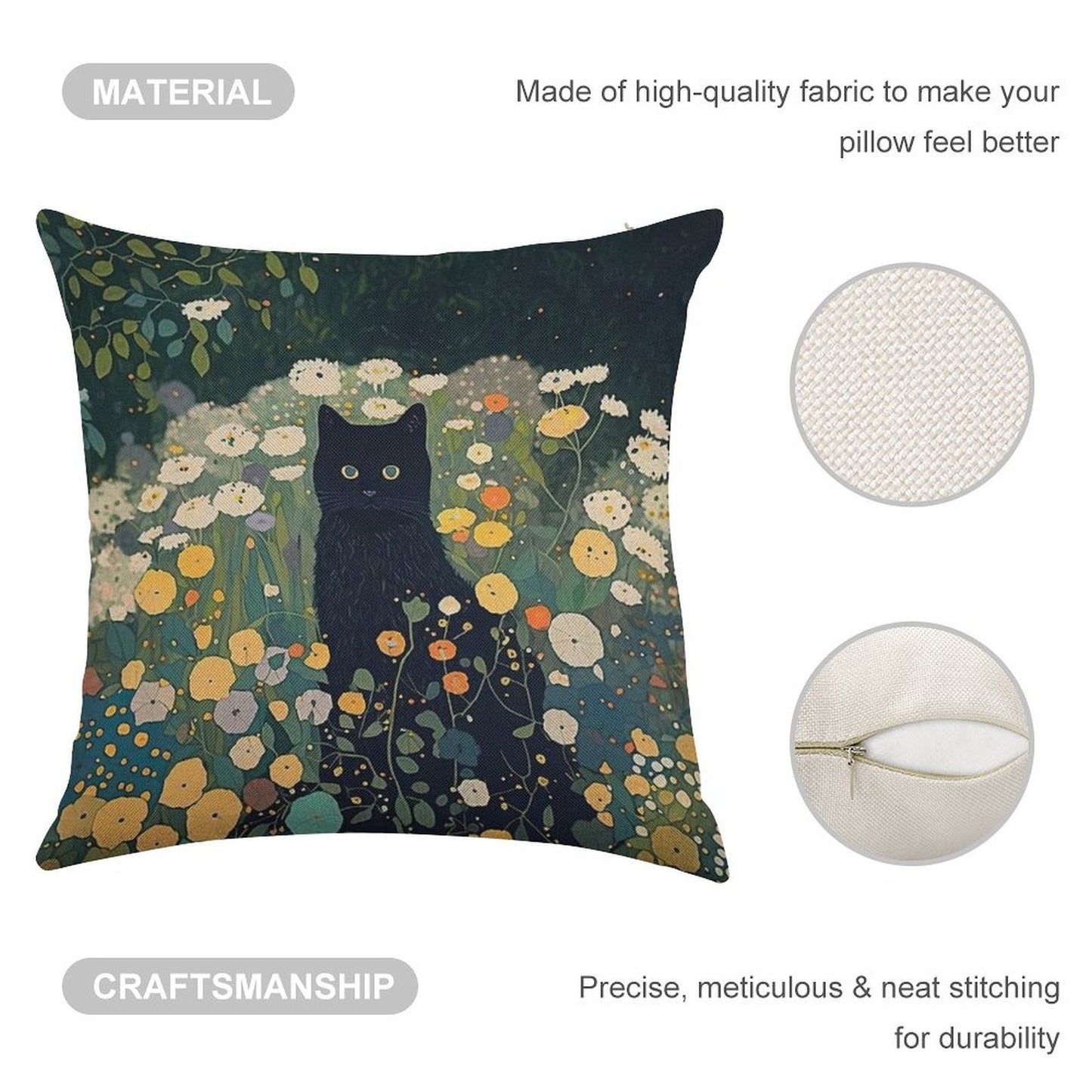 Cat in Klimt Garden Inspiration Linen Throw Pillow Cover