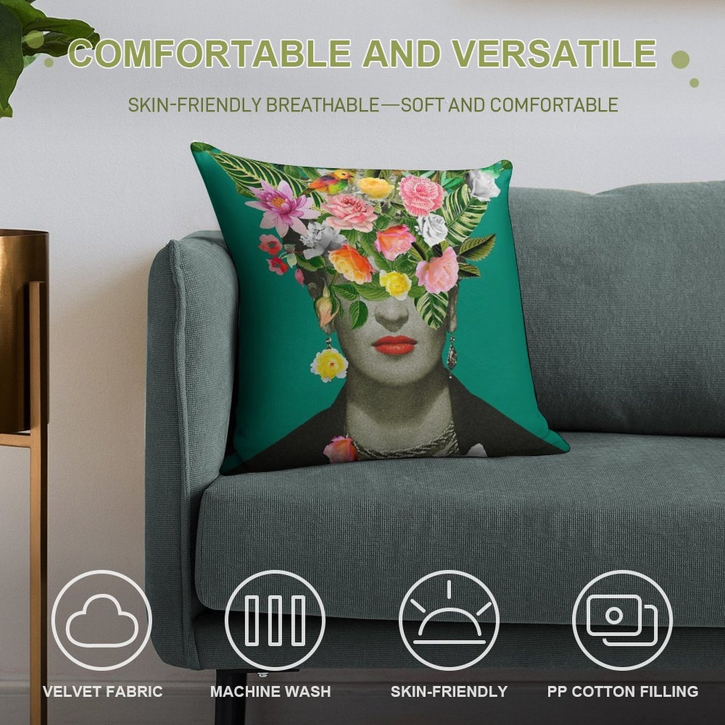 Frida Floral (Green) Soft Easy Maintenance Throw Pillow